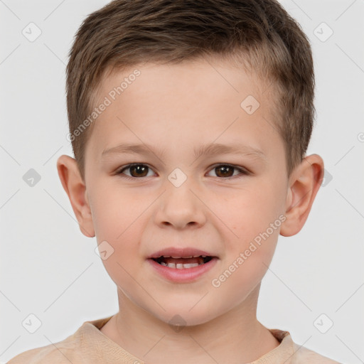 Joyful white child male with short  brown hair and brown eyes