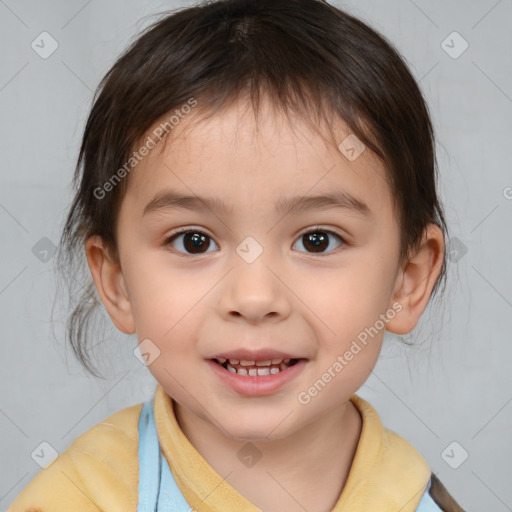 Joyful white child female with medium  brown hair and brown eyes