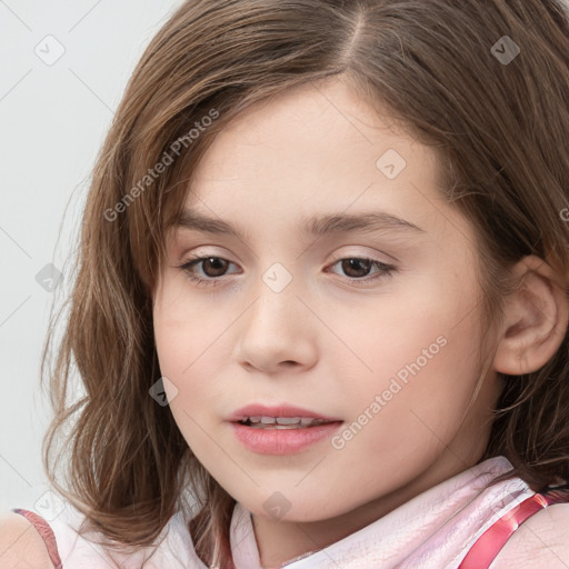 Neutral white child female with medium  brown hair and grey eyes