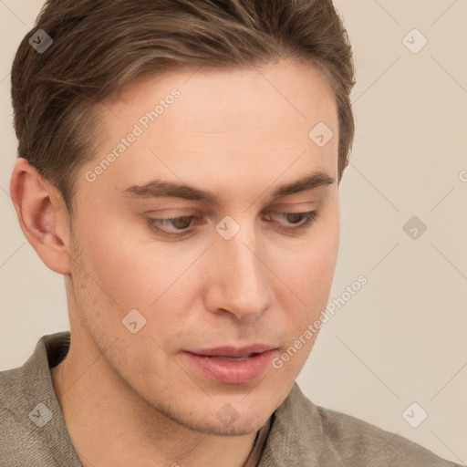 Neutral white young-adult male with short  brown hair and grey eyes