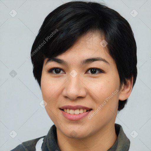 Joyful asian young-adult female with medium  black hair and brown eyes