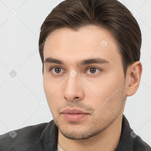 Neutral white young-adult male with short  brown hair and brown eyes