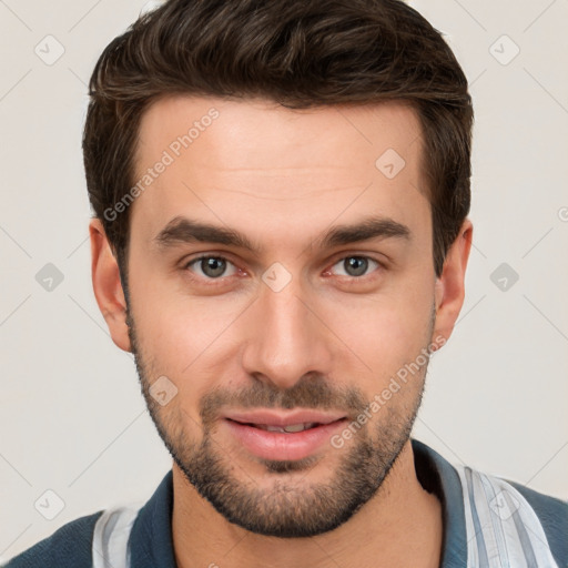 Joyful white young-adult male with short  brown hair and brown eyes