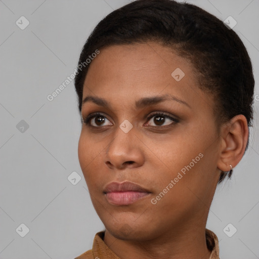 Neutral black young-adult female with short  brown hair and brown eyes