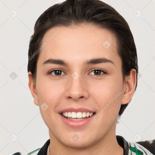 Joyful white young-adult female with short  brown hair and brown eyes