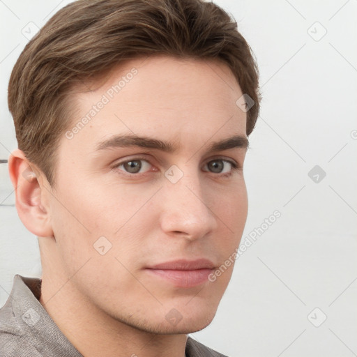 Neutral white young-adult male with short  brown hair and grey eyes