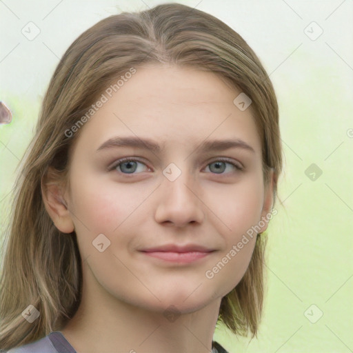 Neutral white young-adult female with medium  brown hair and green eyes