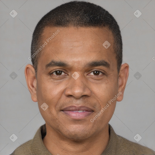 Joyful latino adult male with short  black hair and brown eyes