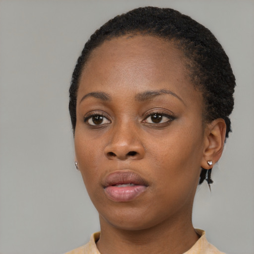 Neutral black young-adult female with short  black hair and brown eyes