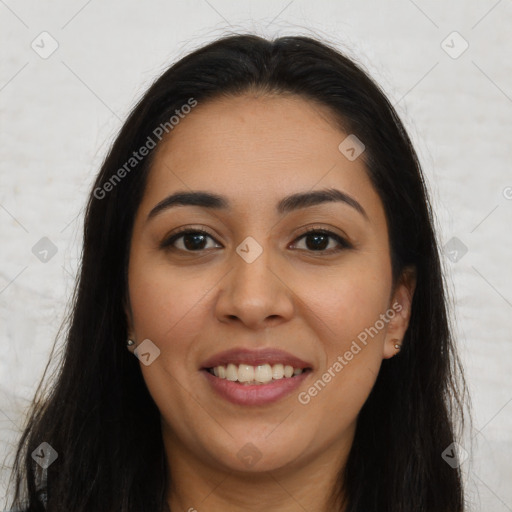 Joyful latino young-adult female with long  brown hair and brown eyes