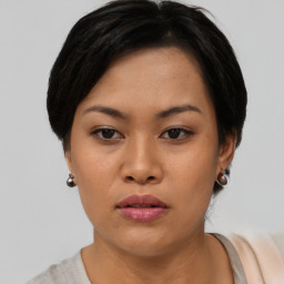 Neutral asian young-adult female with short  black hair and brown eyes