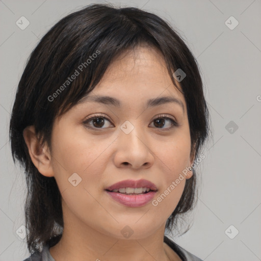 Joyful asian young-adult female with medium  black hair and brown eyes