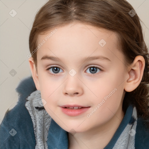 Joyful white child female with medium  brown hair and grey eyes