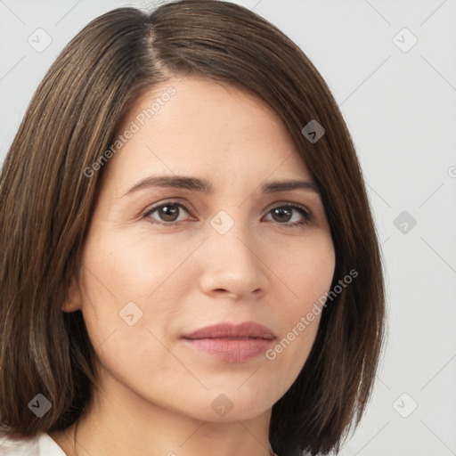 Neutral white young-adult female with medium  brown hair and brown eyes