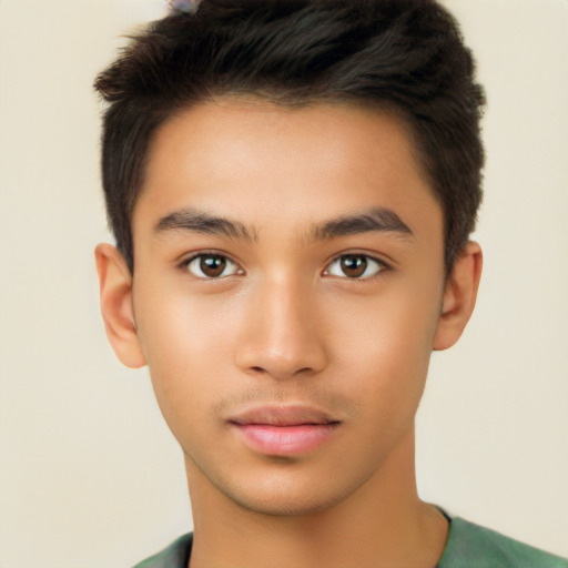 Neutral latino young-adult male with short  brown hair and brown eyes