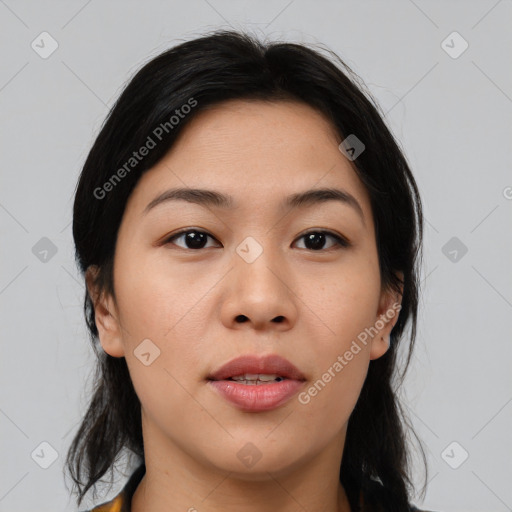 Joyful asian young-adult female with medium  brown hair and brown eyes