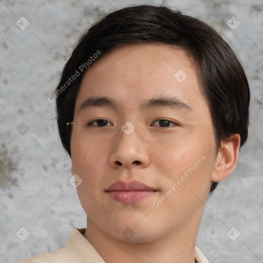 Neutral asian young-adult male with short  brown hair and brown eyes