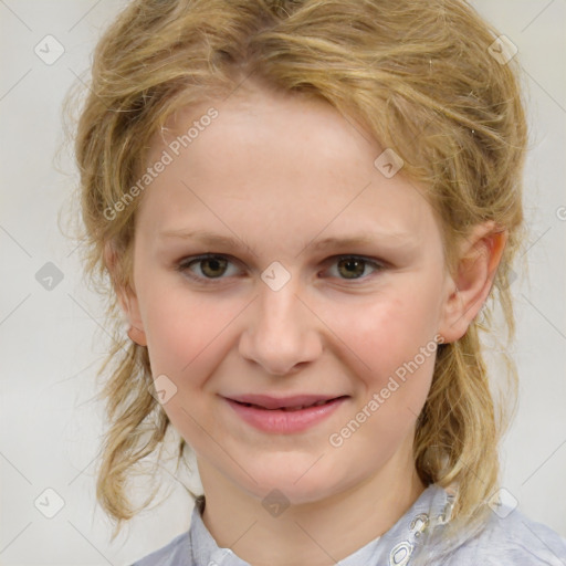 Joyful white child female with medium  brown hair and blue eyes