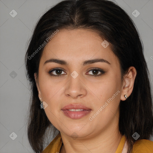 Joyful latino young-adult female with long  brown hair and brown eyes