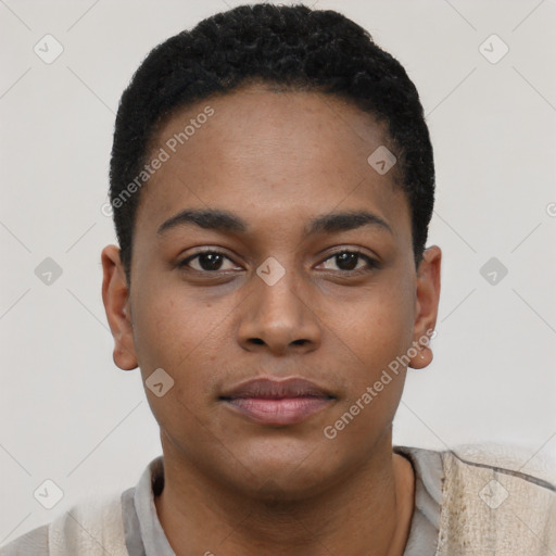 Neutral black young-adult male with short  black hair and brown eyes