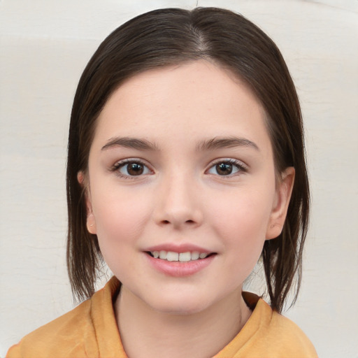 Joyful white child female with medium  brown hair and brown eyes