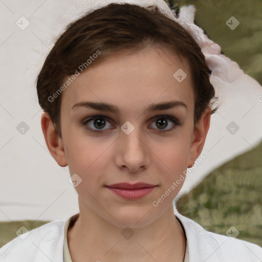 Neutral white young-adult female with short  brown hair and brown eyes