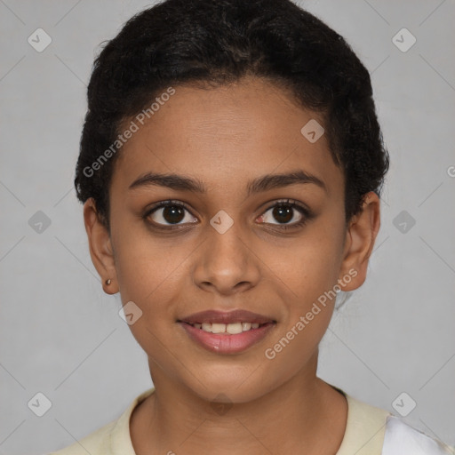 Joyful latino young-adult female with short  brown hair and brown eyes