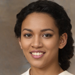 Joyful latino young-adult female with medium  black hair and brown eyes