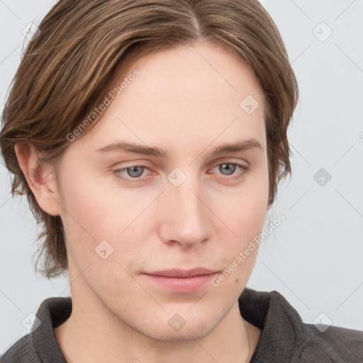 Neutral white young-adult female with medium  brown hair and grey eyes