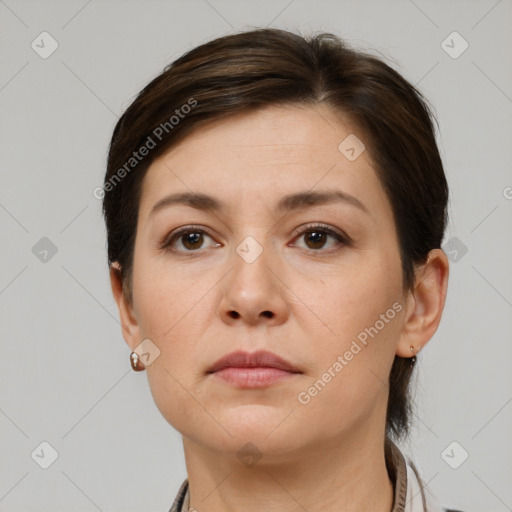 Neutral white young-adult female with short  brown hair and brown eyes