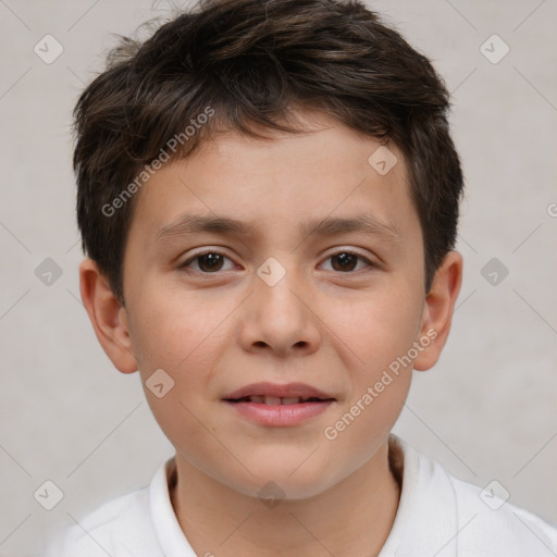 Joyful white child male with short  brown hair and brown eyes