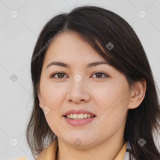 Joyful white young-adult female with long  brown hair and brown eyes