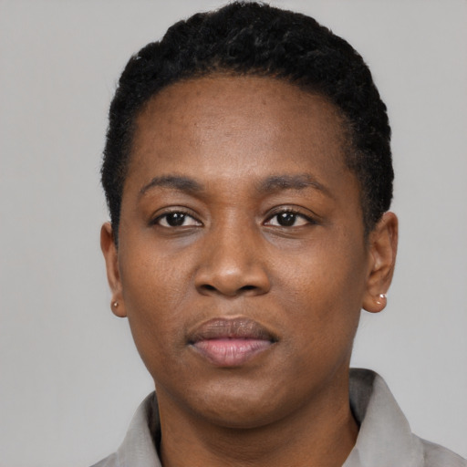 Neutral black young-adult female with short  black hair and brown eyes