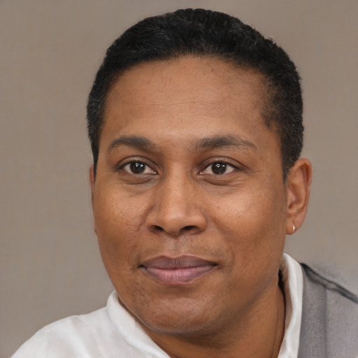 Joyful black adult male with short  black hair and brown eyes