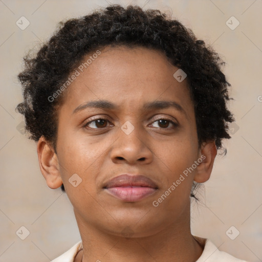 Neutral black young-adult female with short  brown hair and brown eyes