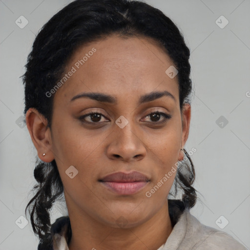 Joyful latino young-adult female with medium  black hair and brown eyes