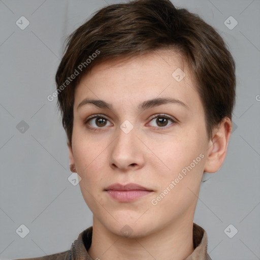 Neutral white young-adult female with short  brown hair and brown eyes