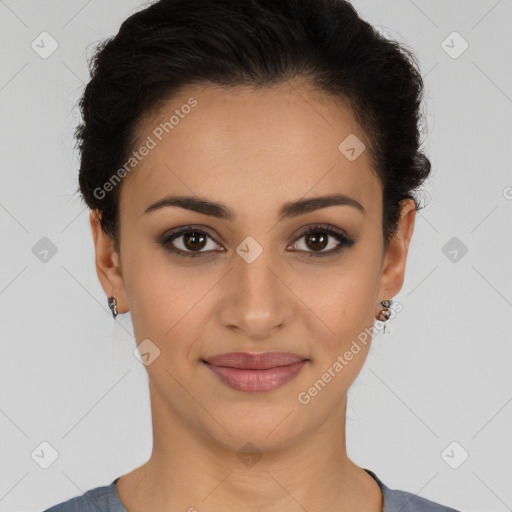 Joyful latino young-adult female with short  brown hair and brown eyes