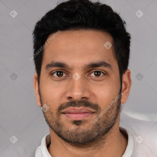 Neutral white young-adult male with short  black hair and brown eyes
