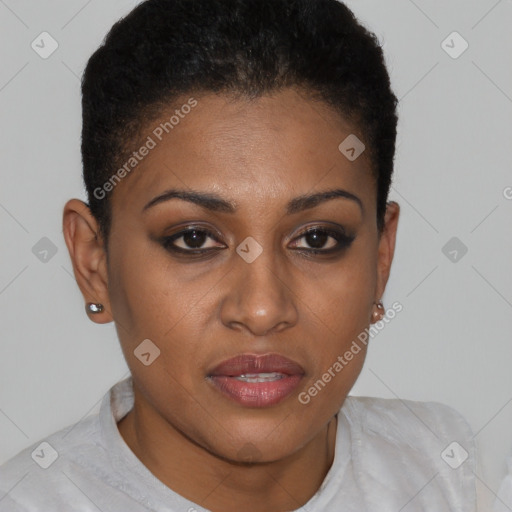 Joyful black young-adult female with short  brown hair and brown eyes