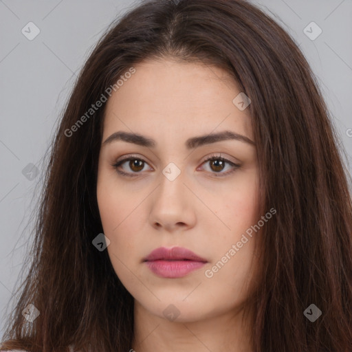 Neutral white young-adult female with long  brown hair and brown eyes