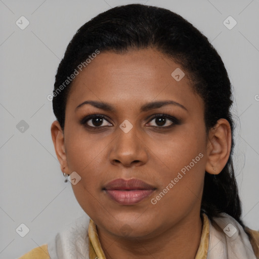 Joyful latino young-adult female with short  brown hair and brown eyes