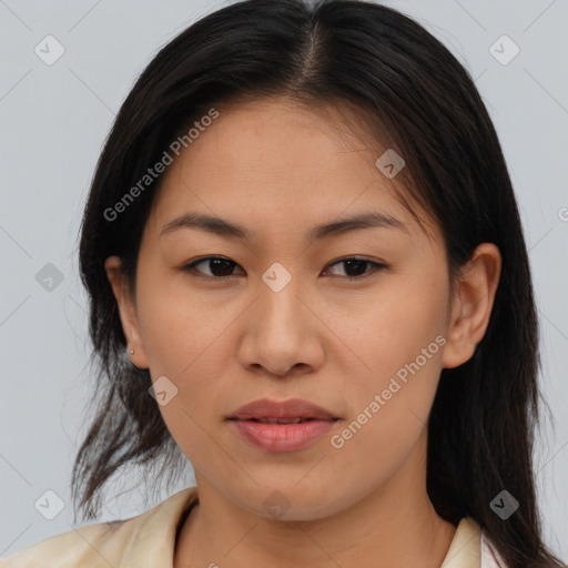 Joyful asian young-adult female with medium  brown hair and brown eyes