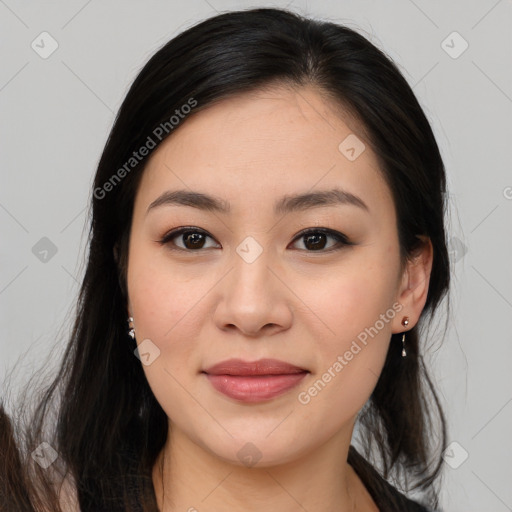 Joyful asian young-adult female with medium  brown hair and brown eyes