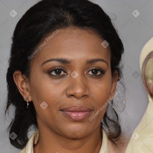 Joyful black young-adult female with medium  brown hair and brown eyes
