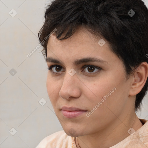 Neutral white young-adult female with short  brown hair and brown eyes