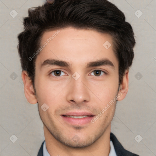 Neutral white young-adult male with short  brown hair and brown eyes