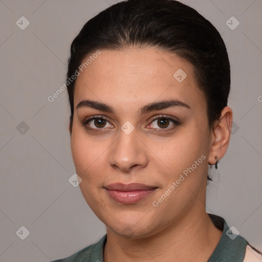 Joyful white young-adult female with medium  brown hair and brown eyes