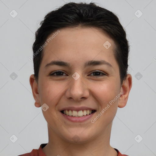 Joyful white young-adult female with short  brown hair and brown eyes