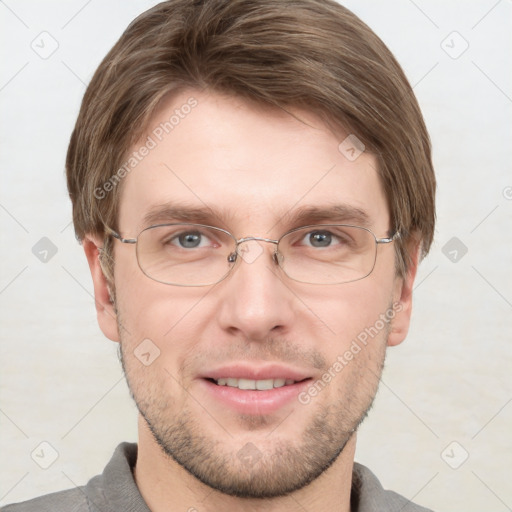 Joyful white adult male with short  brown hair and grey eyes